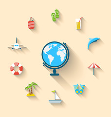 Image showing Flat set icons tourism objects and equipment with globe, long sh