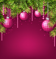 Image showing Pink Wallpaper with Fir Twigs and Glassy Balls