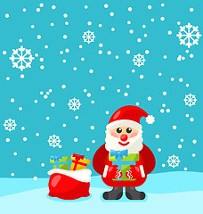 Image showing Jolly Christmas Santa Holding Up A Stack Of Presents