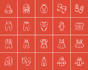 Image showing Baby clothes sketch icon set.