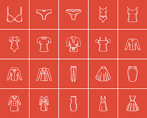 Image showing Clothes for women sketch icon set.