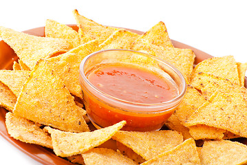 Image showing Plate of freshly made spicy nachos with salsa