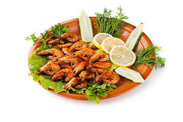 Image showing Fried Shrimps with Salad Leaves, cucumber