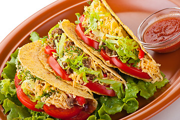 Image showing beef tacos with salad and tomatoes salsa