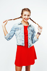 Image showing young pretty stylish hipster blond girl with pigtails posing emotional isolated on white background happy smiling cool smile, lifestyle people concept