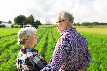 Image showing happy senior couple at summer farm