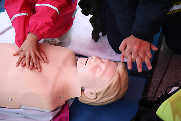 Image showing Practicing CPR chest compressioon on a dummy