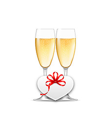 Image showing Wineglasses of Champagne and Paper Postcard for Happy Valentines