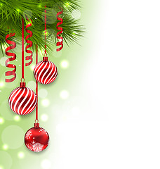 Image showing Christmas fir branches and glass balls, copy space for your text