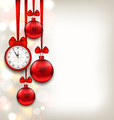 Image showing  New Year Shimmering Background with Clock and Glass Balls