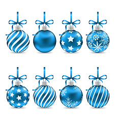 Image showing Set Christmas Blue Shiny Balls with Bow Ribbons