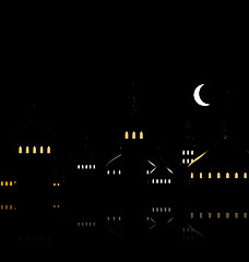 Image showing Silhouette of Mosque Against Night Sky with Crescent Moon