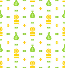 Image showing Seamless Pattern with Money Bag, Bank Notes, Coins, Flat Finance Icons