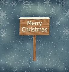 Image showing Snow covered wooden sign, Merry Christmas background