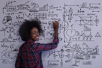 Image showing African American woman writing on a chalkboard in a modern offic