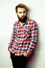 Image showing portrait of young bearded hipster guy smiling on white background close up, brutal man, lifestyle people concept