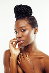 Image showing young pretty african american woman naked taking care of her skin isolated on white background, healthcare people concept