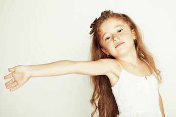 Image showing little cute beauty girl isolated on white background long curly hair, close up adorable kid, lifestyle people concept