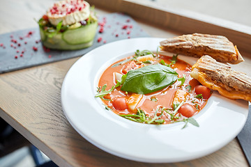 Image showing plate of delicious gazpacho soup at restaurant