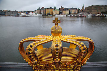 Image showing Skeppsholmsbron (Skeppsholm Bridge) with Golden Crown on a bridg