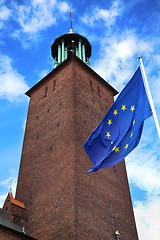 Image showing Stockholm City Hall ( Stockholms stadshus) with EU flag in Stock