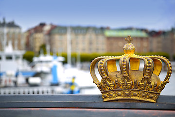 Image showing Skeppsholmsbron (Skeppsholm Bridge) with Golden Crown on a bridg