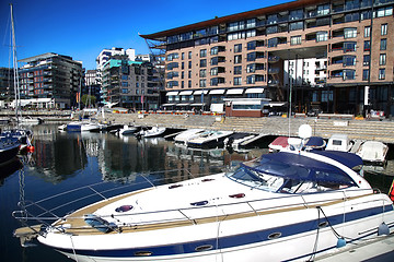 Image showing Yacht and modern district on street Stranden, Aker Brygge in Osl