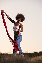 Image showing black girl dances outdoors in a meadow