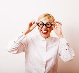 Image showing bookworm, cute young blond woman in glasses, blond hair, teenage