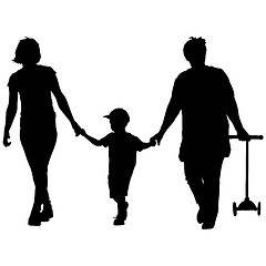 Image showing Black silhouette of mother, grandmother and grandson walking with scooter in the hands. illustration