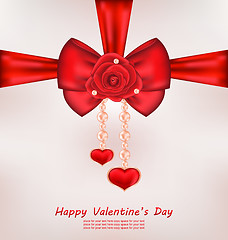 Image showing Greeting Card with Red Bow, Rose, Heart, Pearls for Valentines D