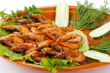 Image showing Fried Shrimps with Salad Leaves, cucumber