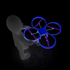 Image showing 3d man with drone, quadrocopter, with photo camera. 3d render. 3