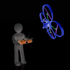 Image showing 3d man with drone, quadrocopter, with photo camera. 3d render. 3