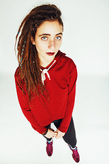 Image showing real caucasian woman with dreadlocks hairstyle funny cheerful fa