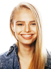 Image showing young blond woman on white backgroung gesture thumbs up, isolate