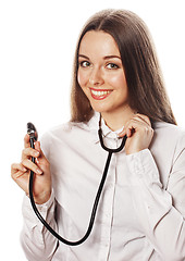 Image showing young pretty woman doctor with stethoscope on white background 