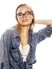 Image showing young pretty girl teenager in glasses on white isolated blond ha