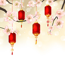 Image showing Cute Background with Sakura Blossom and Hanging Lanterns