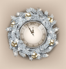 Image showing Christmas Wreath with Clock and Golden Balls for Happy New Year 2017