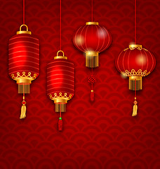 Image showing Chinese Background with Lanterns, Seigaiha Texture