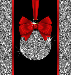 Image showing Glitter Card with Christmas Ball and Red Bow Ribbon