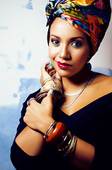 Image showing beauty bright african woman with creative make up, shawl on head