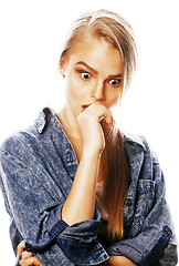 Image showing young blond woman on white backgroung gesture thumbs up, isolate