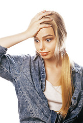 Image showing young blond woman on white backgroung gesture thumbs up, isolate