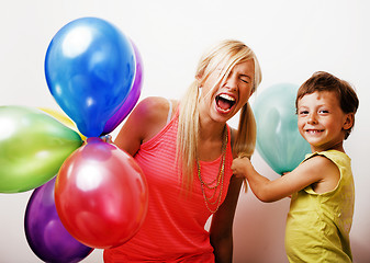 Image showing pretty real family with color balloons on white background, blon