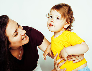 Image showing bright picture of hugging mother and daughter happy together, smiling stylish family. lifestyle people concept