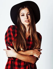 Image showing young pretty brunette girl hipster in hat on white background ca