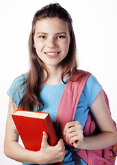 Image showing young cute teenage girl posing cheerful against white background with books and backpack