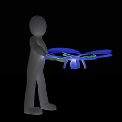 Image showing 3d man with drone, quadrocopter, with photo camera. 3d render. 3